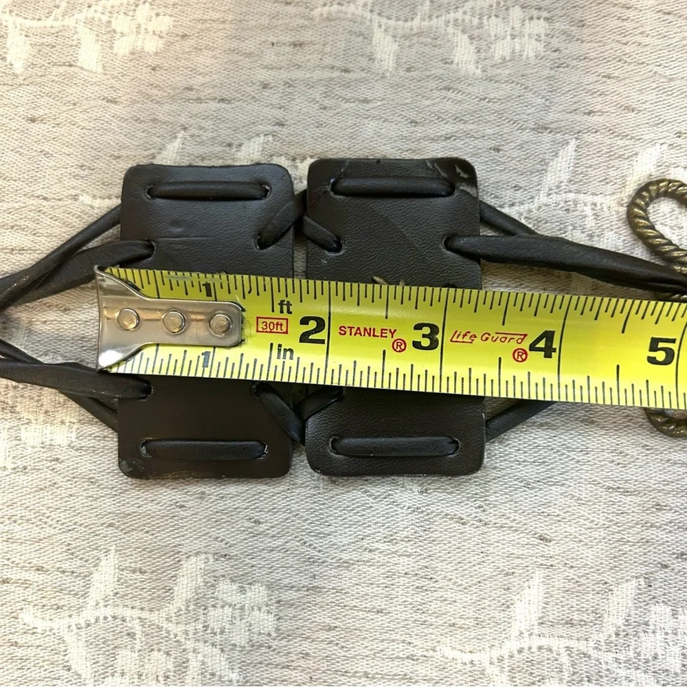 Leather Belt Tie Chord Antique Brass Finish Inlay Boho Chic Tribal Dark Brown